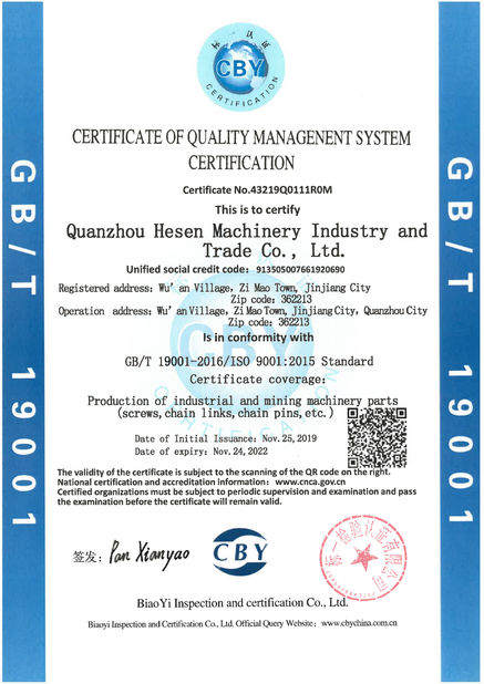 China Quanzhou Hesen Machinery Industry Co., Ltd. Certificaten